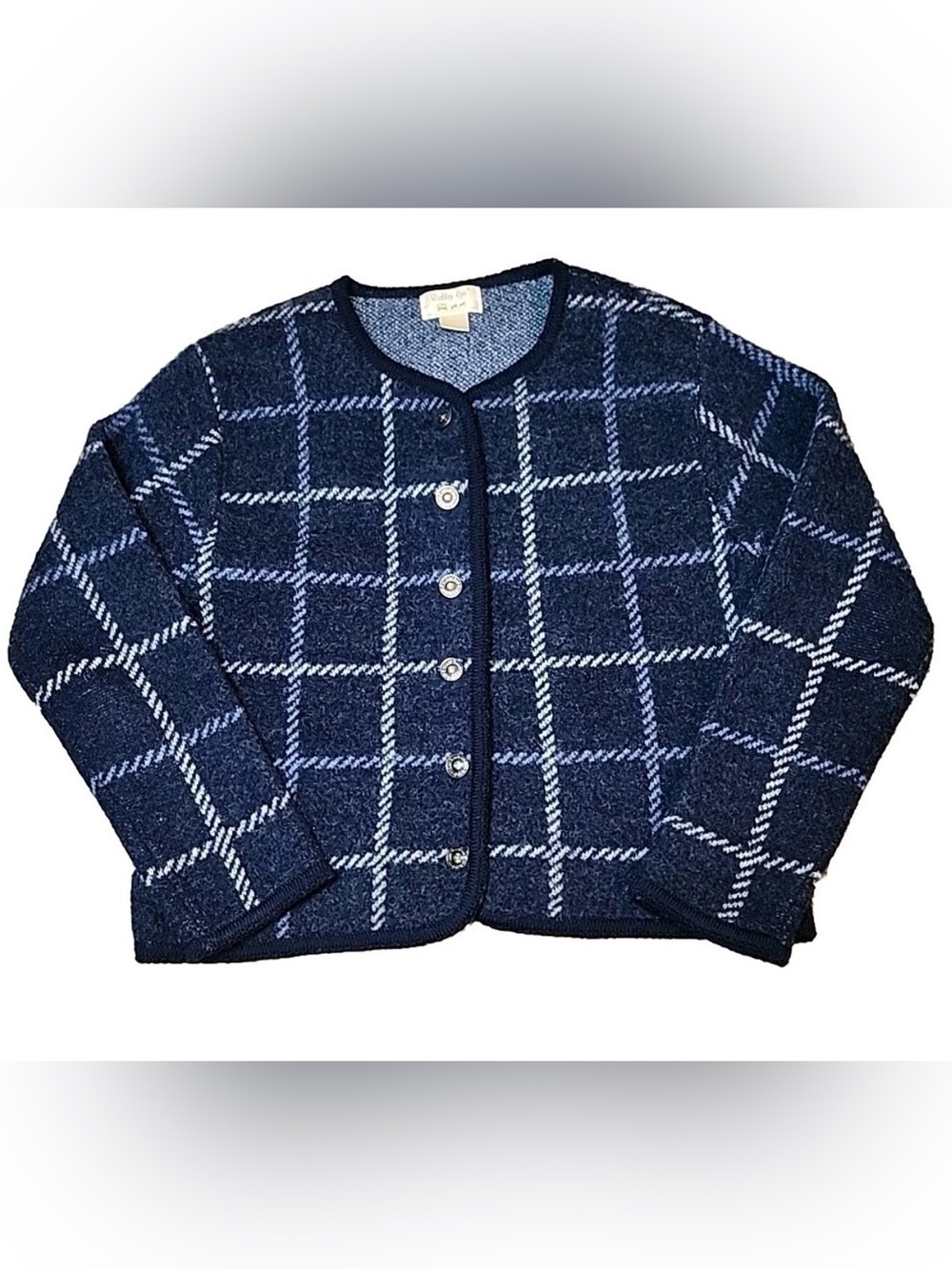 Navy Windowpane Button Front Cardigan 100% wool